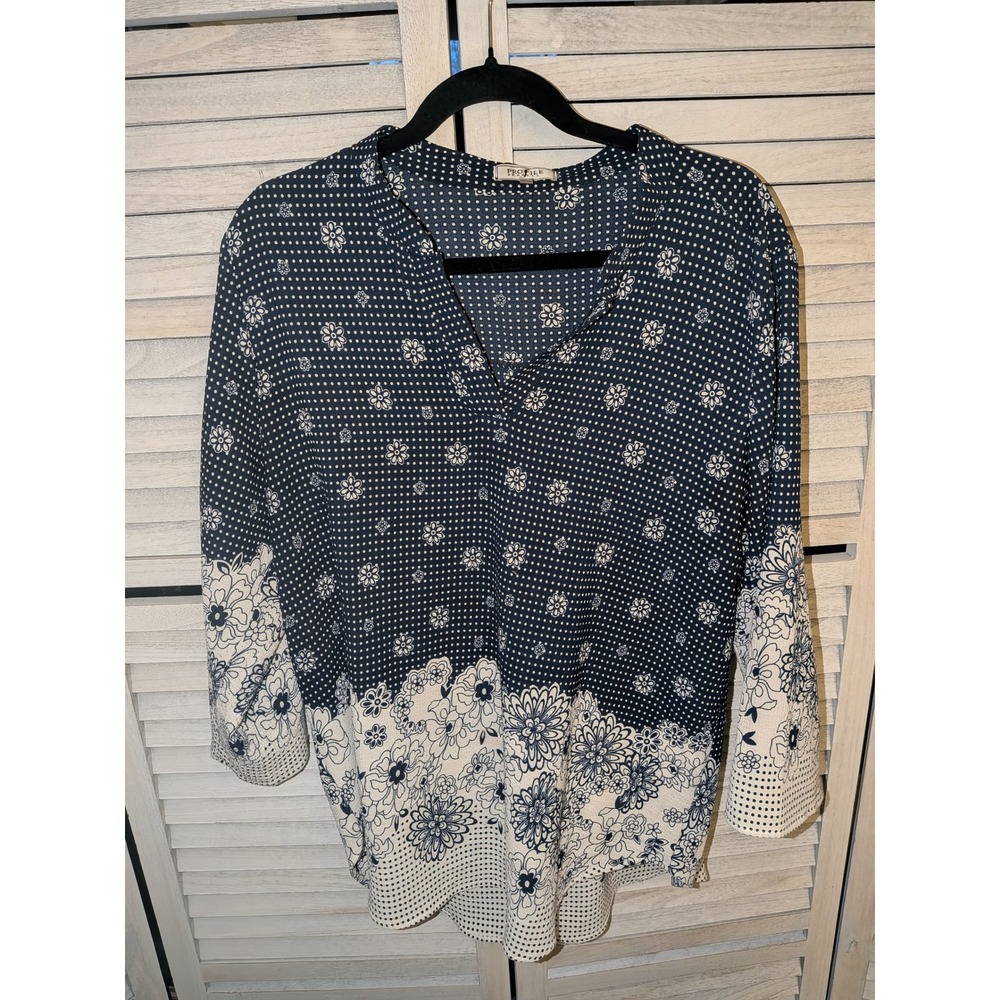 Profile Apparel Womens XL‎ Navy Blue White Polka Dot Floral V-Neck Blouse Top